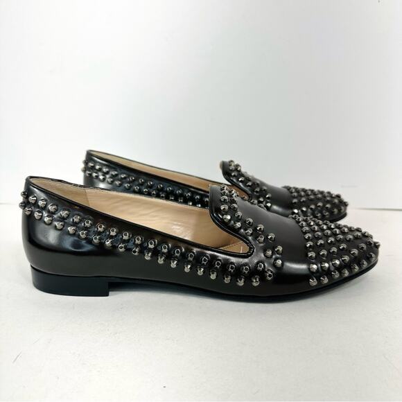 Prada Black Leather Silver Studded Smoking Loafer flats Size 38 US Size 8 - Picture 9 of 10